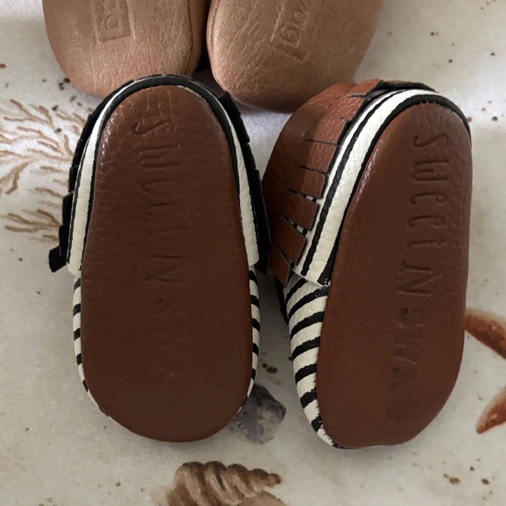 Baby Shoes Moccasins Two Pairs Size 1 Solid Brown and Blue White Striped Pair